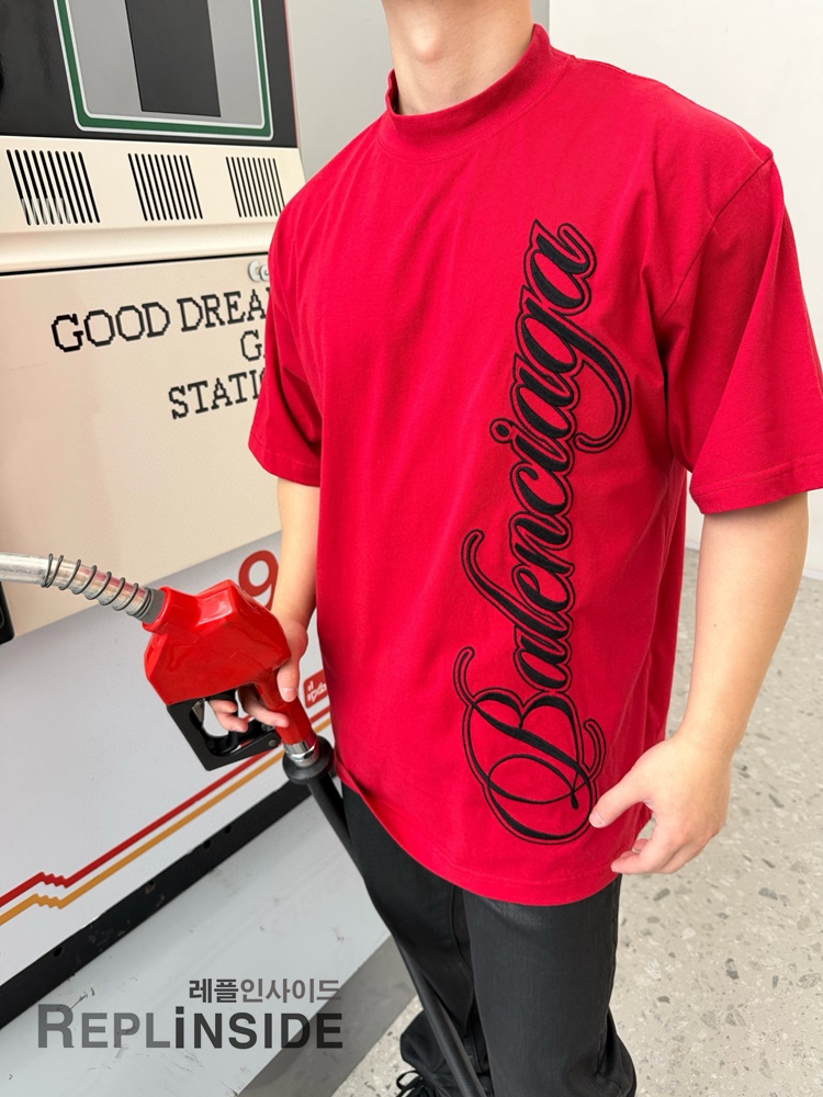 레플리카 명품 [BALENCIAGA] 발렌시아가 레드 반팔 티셔츠 남성용 - 라벨 실사